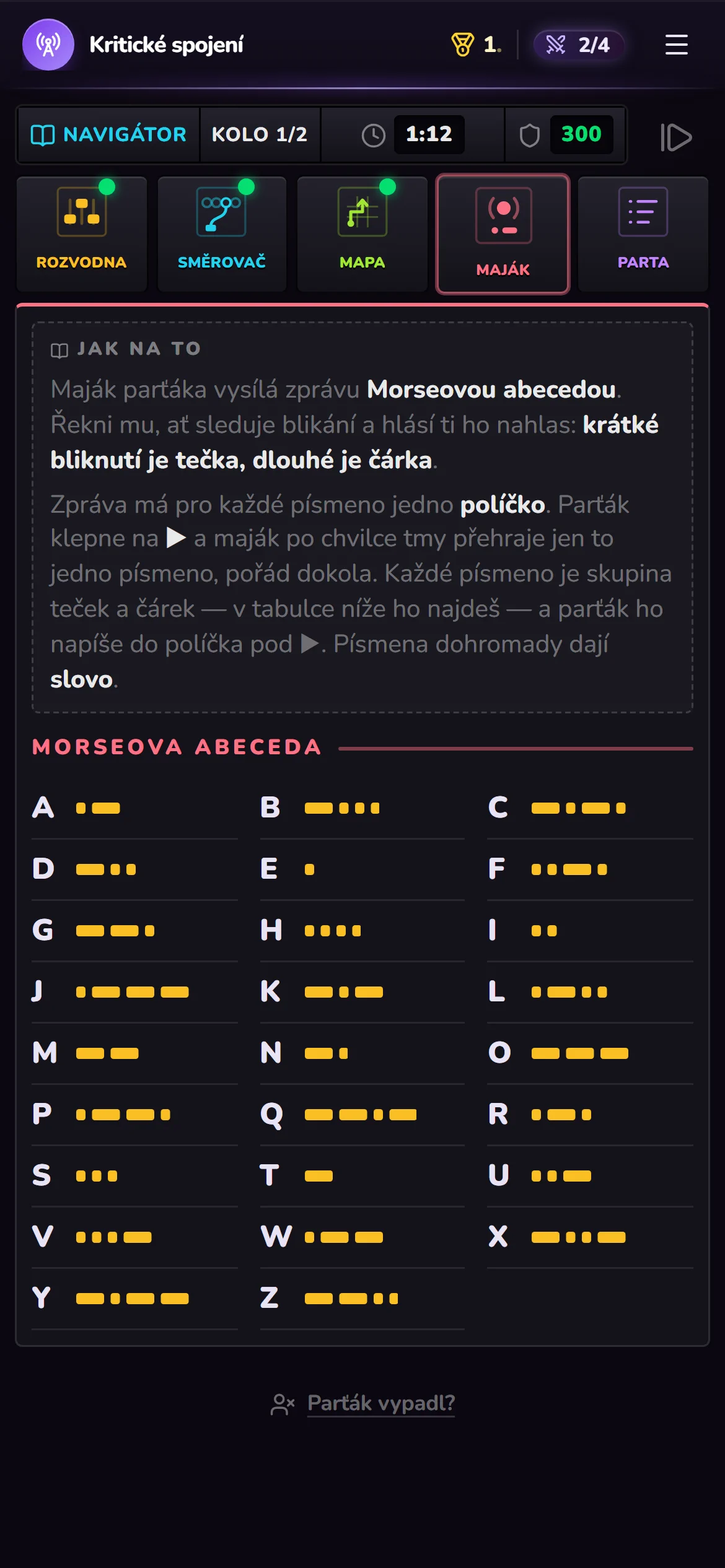 Maják · Navigátor: z Morseovy tabulky čte, jaké písmeno tečky a čárky dávají.