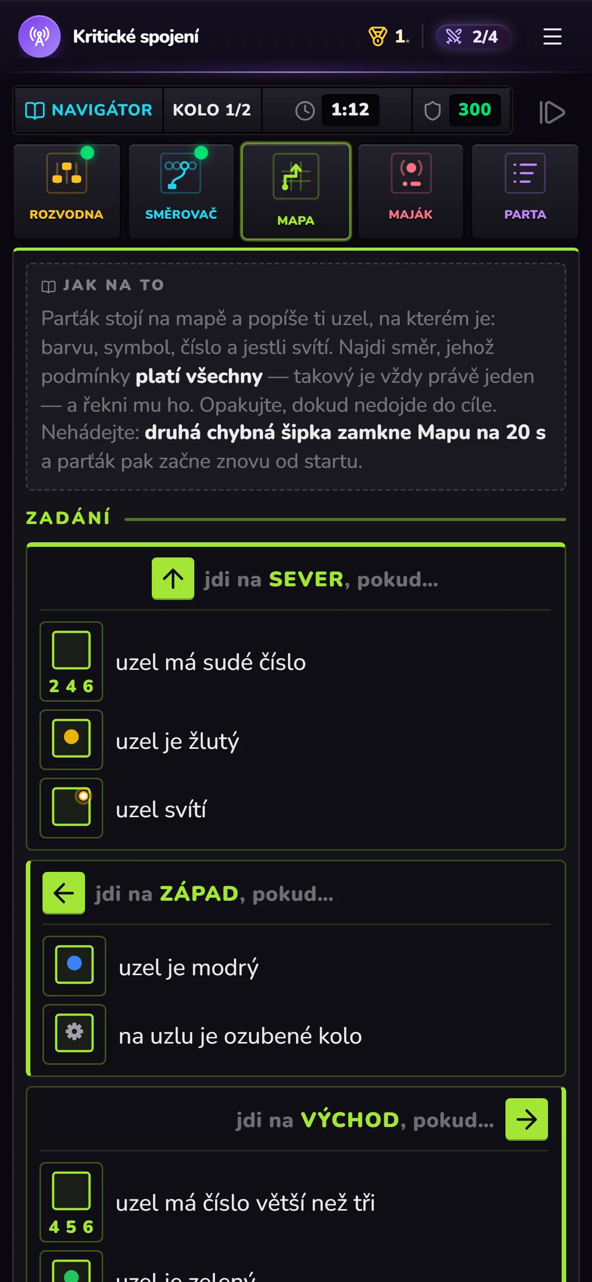 Mapa · Navigátor: podle pravidel říká, kterým směrem jít.