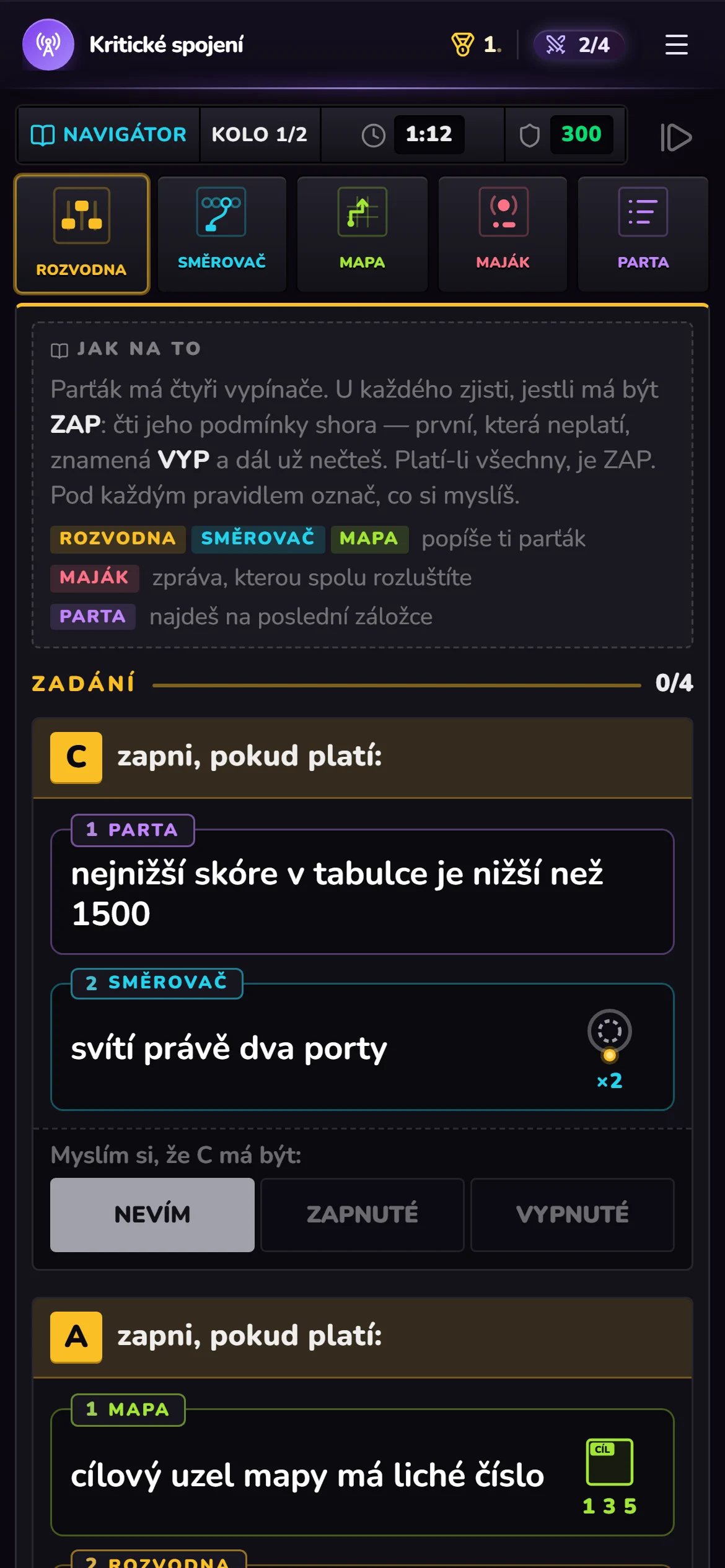 Rozvodna · Navigátor: v manuálu hledá, kdy má být která páka zapnutá.