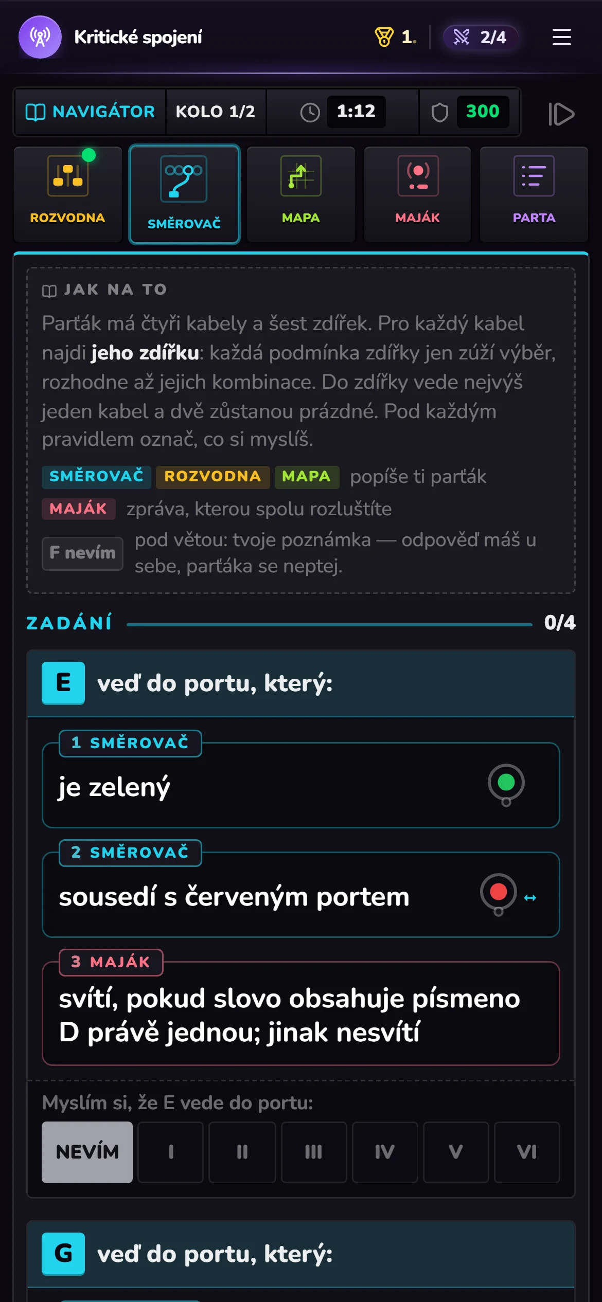 Směrovač · Navigátor: ke každému kabelu hledá jeho zdířku.