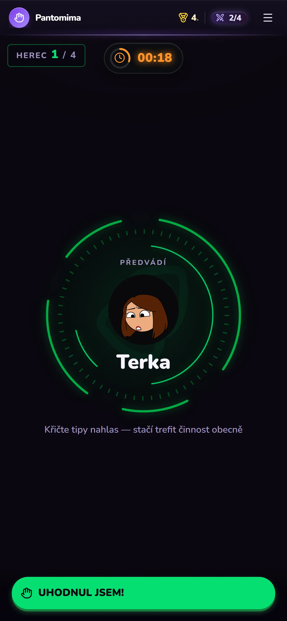 Ostatní hádají nahlas a hlásí se, kdo to trefil.