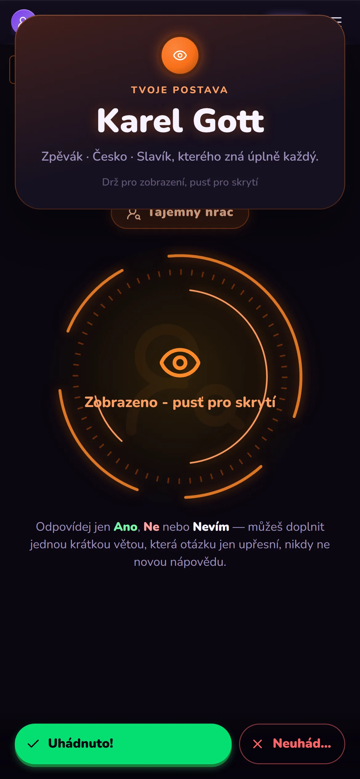 Ukázka hry Kdo jsem? na mobilu