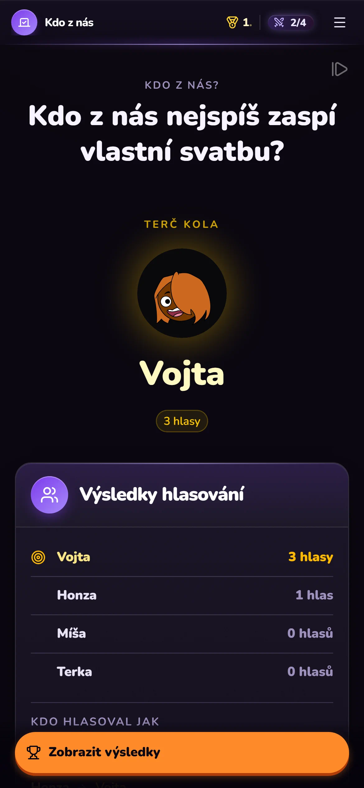 Pak se ukáže terč kola i to, kdo jak hlasoval.